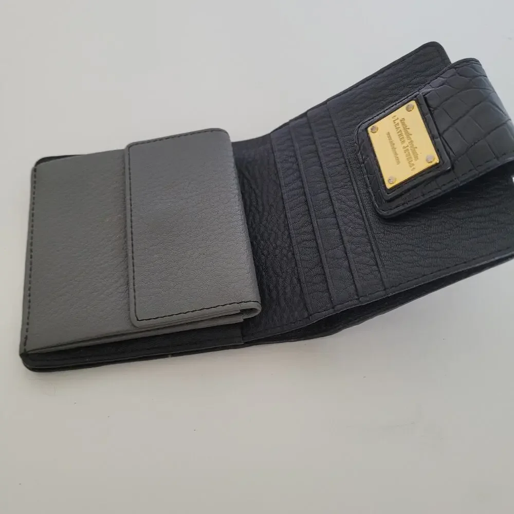 Leather Jewels Leather Wallet Bifold Credit Card Bill Croc Black‎ Small Compact